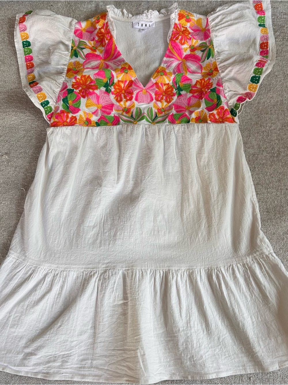 White Embroidered V-Neck Pueblo Inspired Dress with Bright Floral Yoke